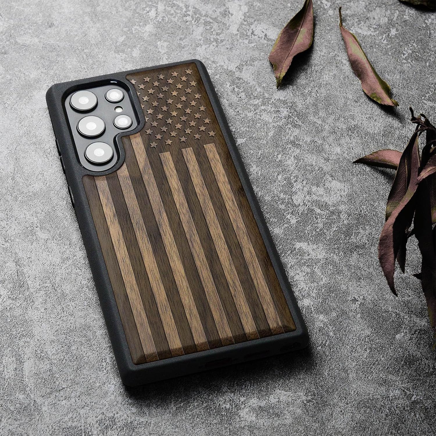 Carveit Wood Case for Galaxy S22 Ultra Case [Natural Wood & Black Soft TPU] Shockproof Protective Cover Unique & Classy Wooden Design Compatible with Samsung S22 Ultra (American Flag-Walnut)