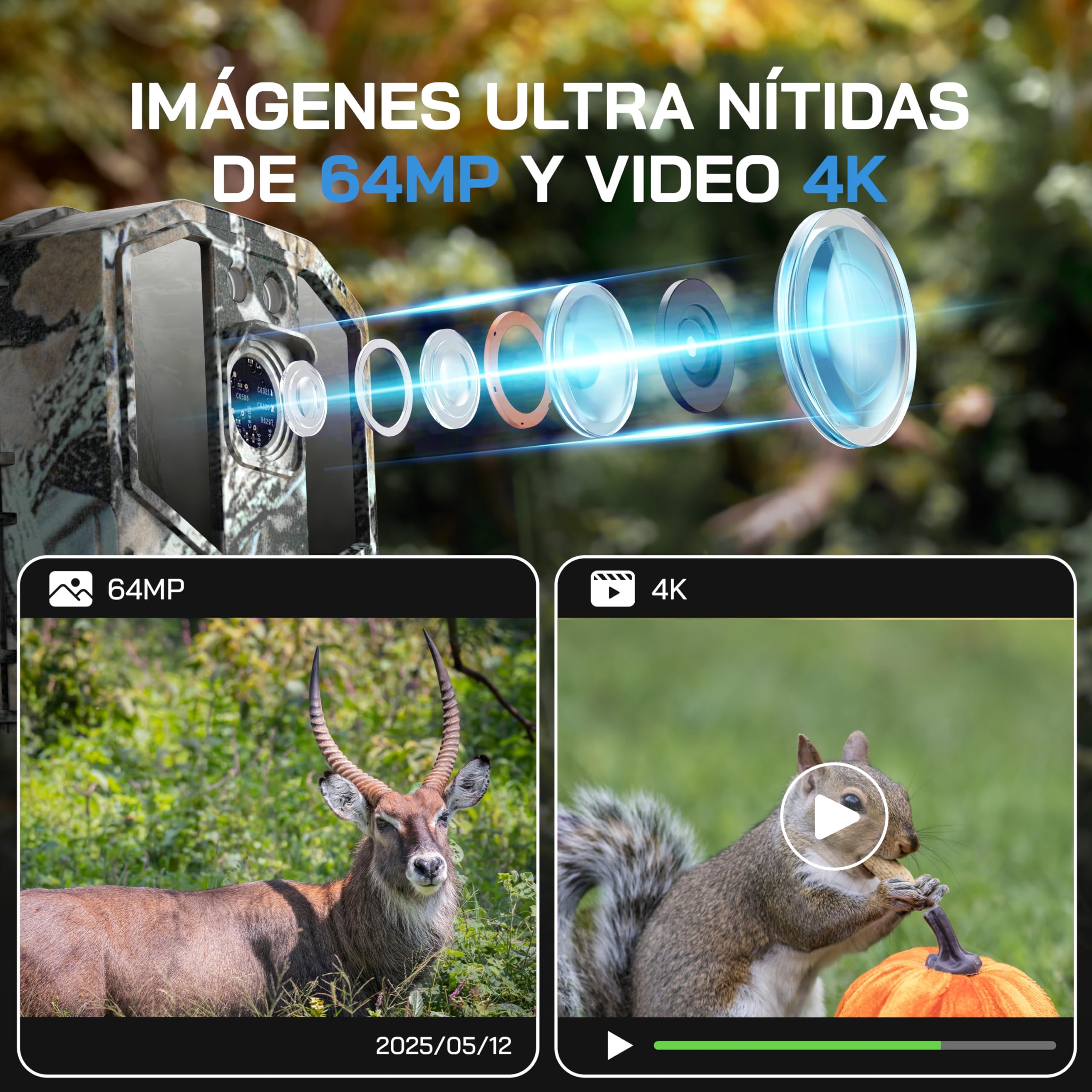 WOLFANG Cámara de Caza WiFi 4K 64MP, Camara Fototrampeo con 0.1s Velocidad de Disparo, Visión Nocturna, Diseño de Temporizadorn, IP66 para Vida Silvestre y Monitoreo de Seguridad