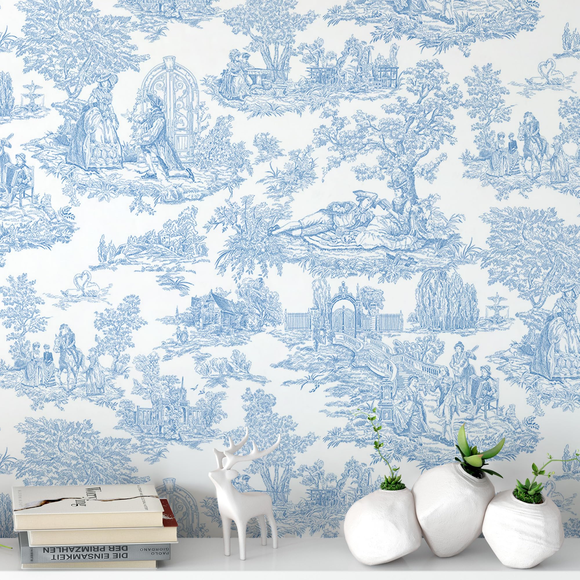Peel and Stick Wallpaper for Home Decoration Kitchen Vintage Blue Manor Wallpaper Removable Vinyl Self Adhesive Shelf Paper & Drawer Liner Roll House,