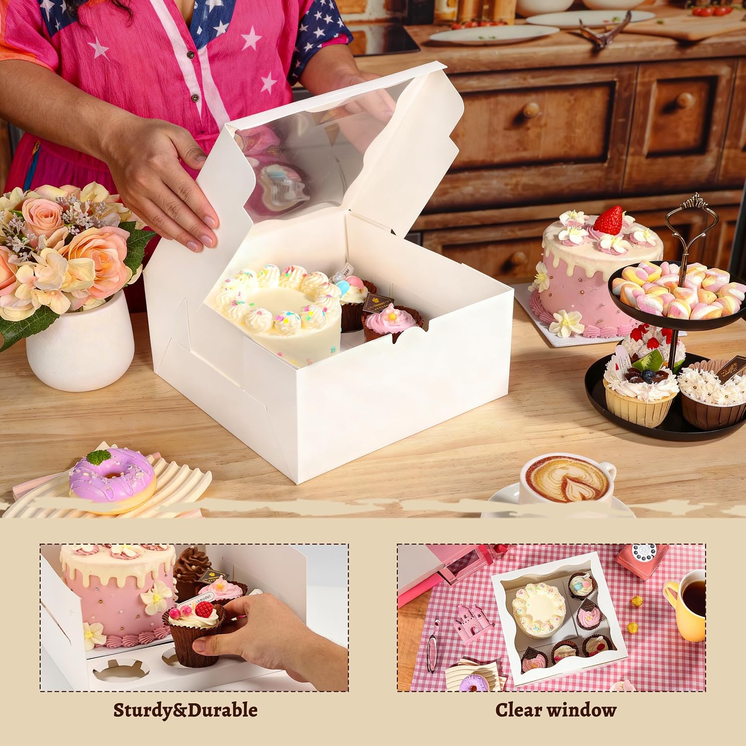 4 Packs Bento Cake Box with Cupcakes, 1+5 Cupcake Box Combo with Clear Window,Fit 5 Cupcakex and 1 Mini Cake for Wedding Birthday Party Baby Shower Baking Supplies