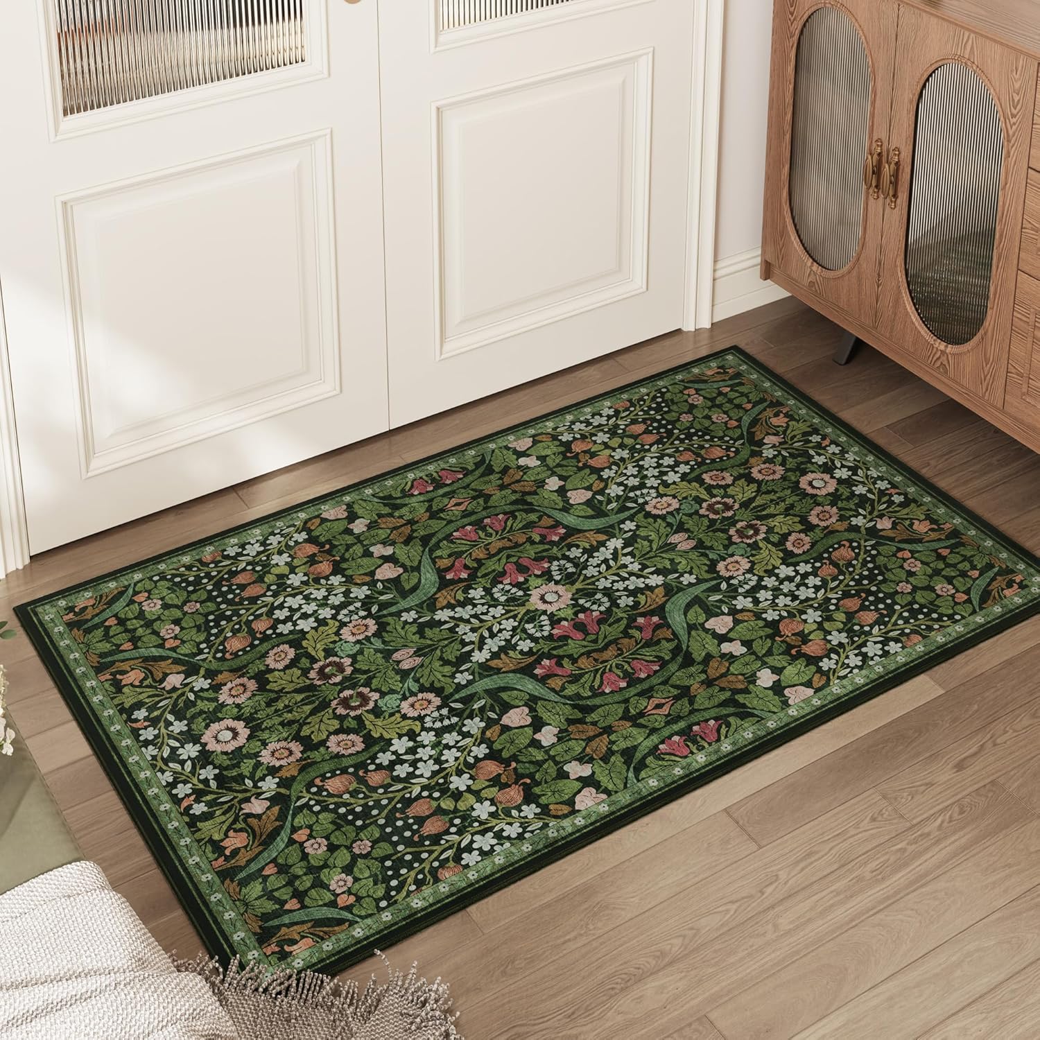 2x3 Floral Washable Area Rug for Kitchen Non-Slip Soft Vintage Boho Carpet Botanical Forest Green Small Low Pile