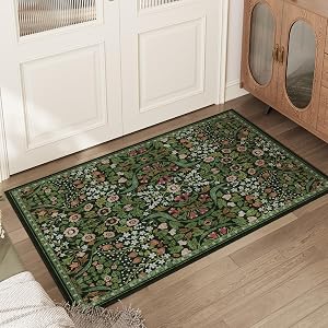 2x3 Floral Washable Area Rug for Kitchen Non-Slip Soft Vintage Boho Carpet Botanical Forest Green Small Low Pile