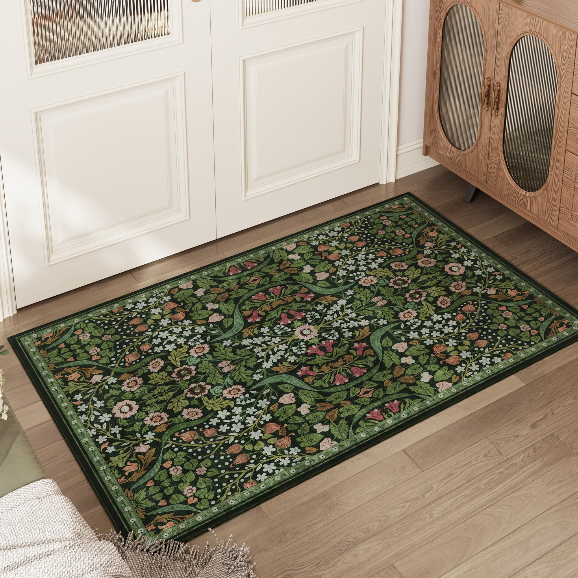 2x3 Floral Washable Area Rug for Kitchen Non-Slip Soft Vintage Boho Carpet Botanical Forest Green Small Low Pile