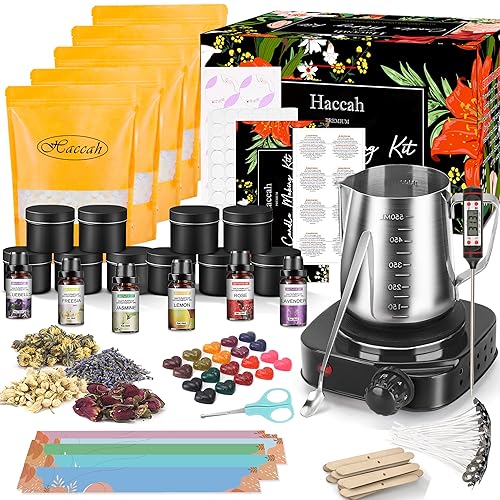 Complete Candle Making Kit with Wax Melter, Making Supplies,DIY Arts&Crafts Gift for Kids,Beginners,Adults,Including 500w Electronic Stove,Wicks,Rich Scents,Dyes,Melting Pot,Candle tins - 1.65lbs With Wax Melter