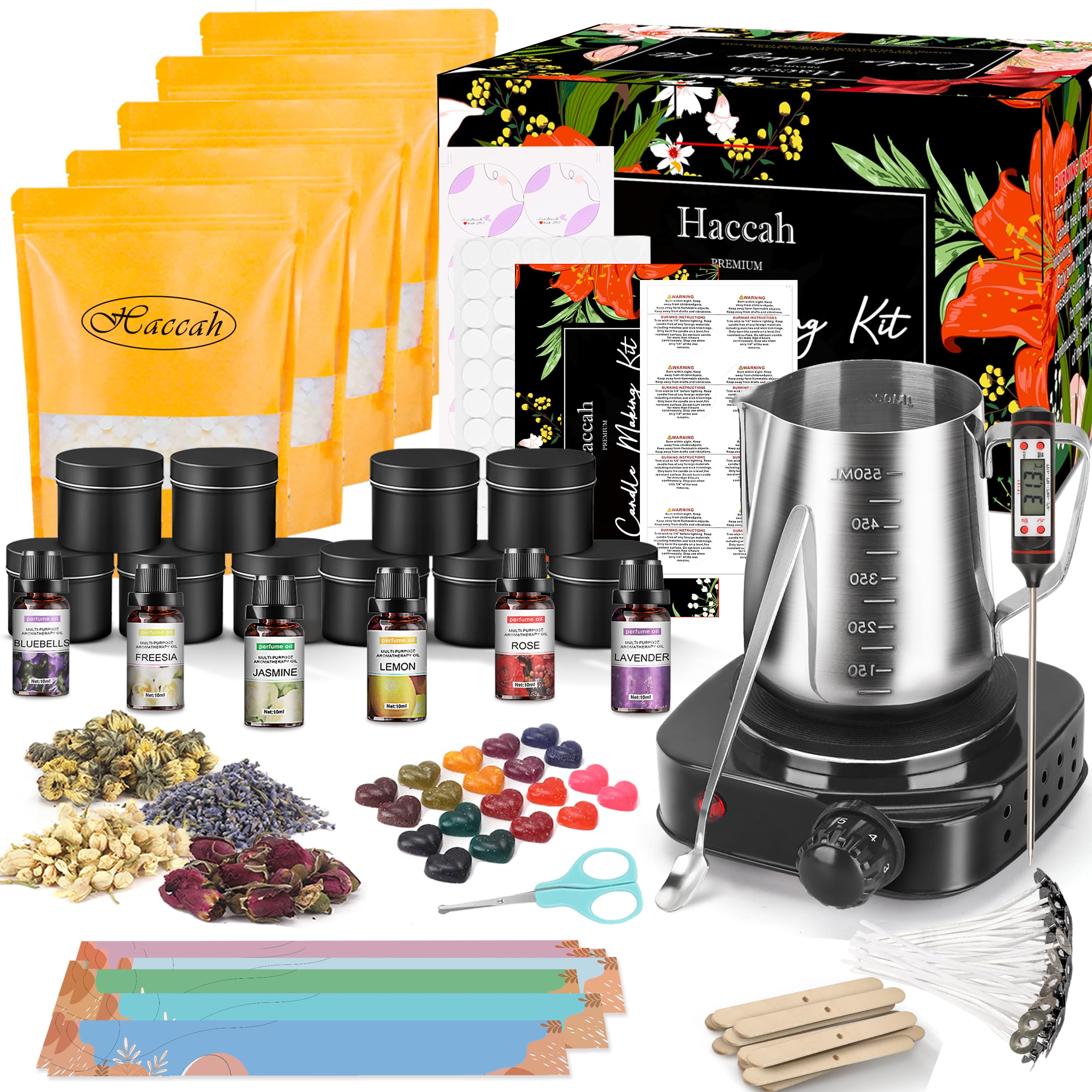 Complete Candle Making Kit with Wax Melter,Candle Making Supplies,DIY Arts&Crafts Kits Gift for Beginners,Adults,Including 500w Electronic Stove,Wicks,Wax,Rich Scents,Dyes,Melting Pot,Candle tins