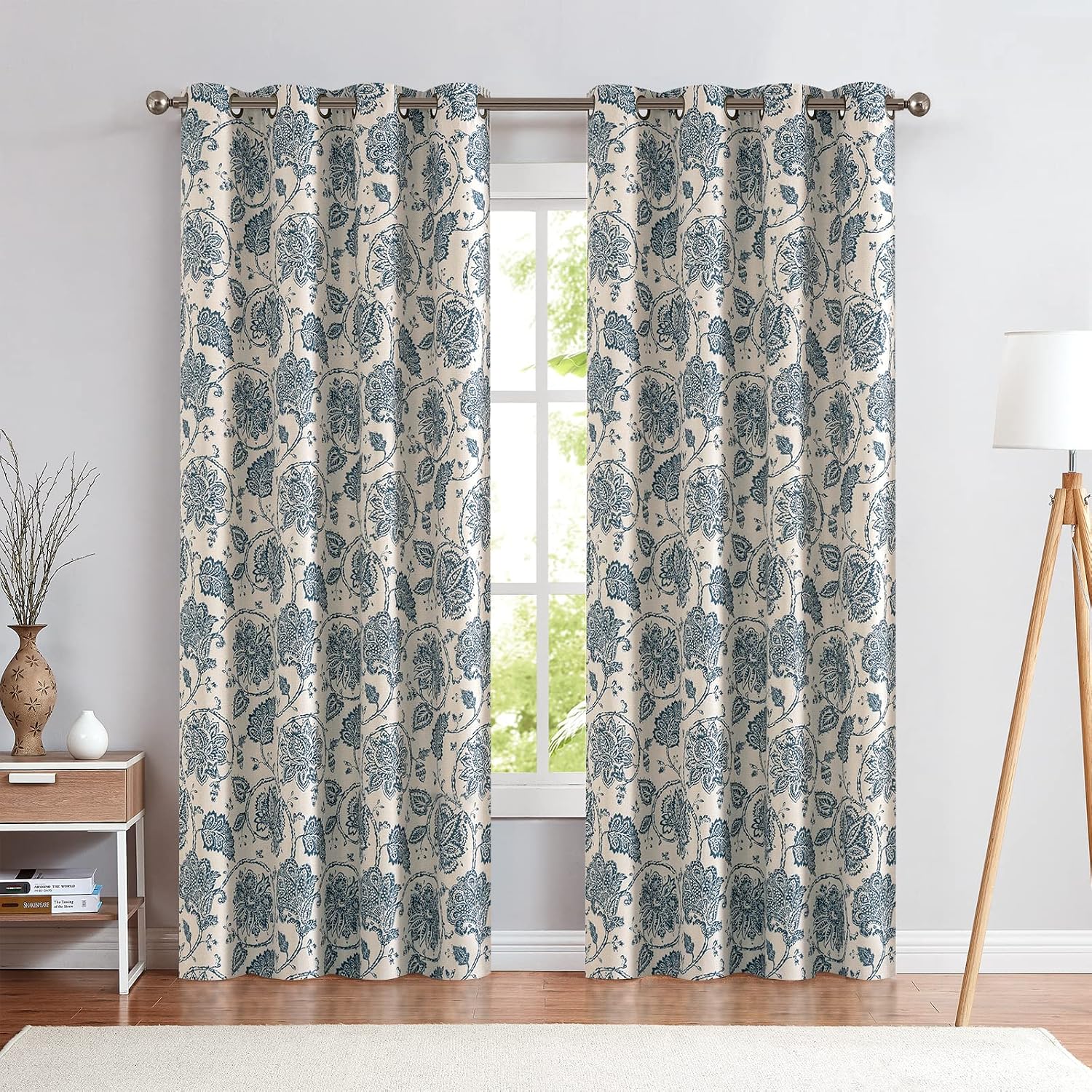 jinchan Floral Linen Textured Curtains Scroll Printed Blue Curtains for Bedroom Ikat Flax Medallion Room Darkening Curtains for Living Room Insulated Curtains Grommet 96 inch Long 2 Panels Drape