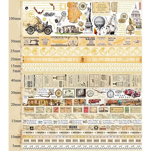 Miniatura 3 de Juego de 20 rollos de cinta Washi de 51015202530403.937 in de ancho, transporte, mapas, patrón de boletos, cinta adhesiva de lámina dorada para