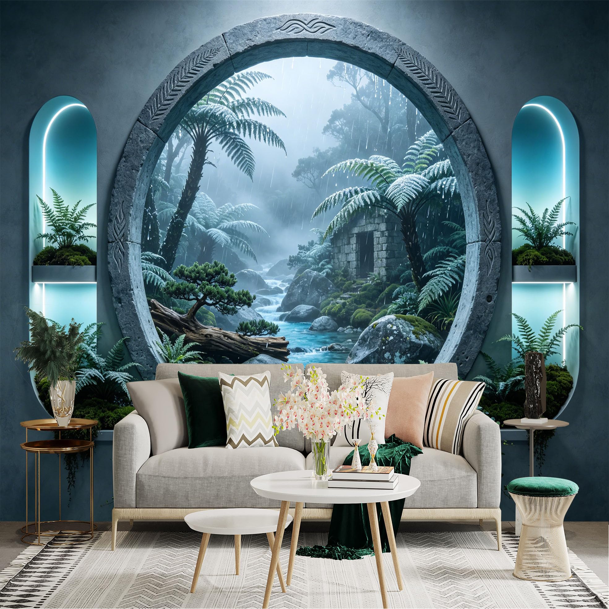 Custom Size Wall Sticker Mural， Tropical Rainforest with Waterfall， River and Ancient Stone Ruins， for wall Decoration， peelandstick wall Decals.