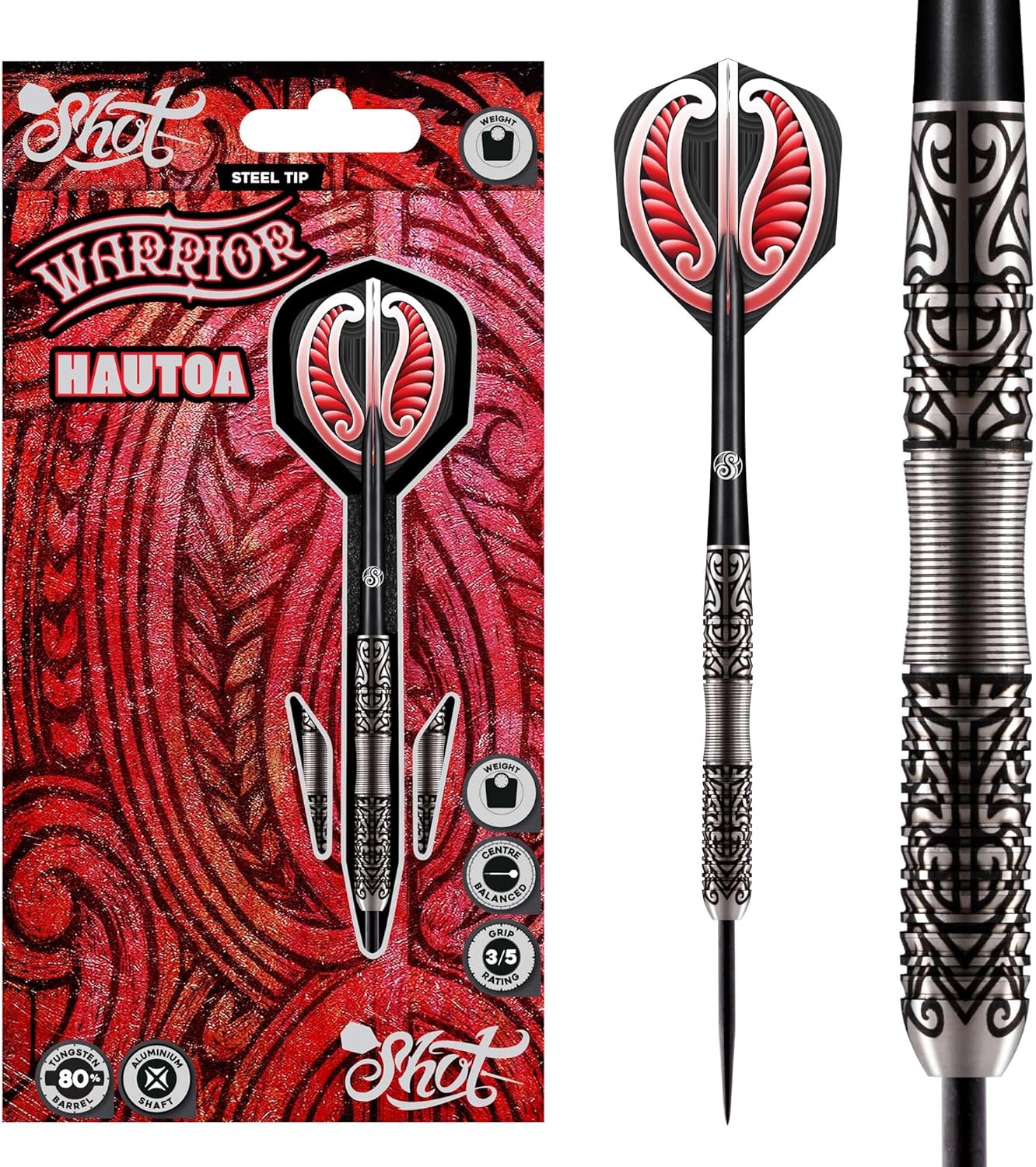 Shot! Warrior Hautoa 80% Tungsten Pro Throwing Darts Steel Tip Set - Professional, Made in New Zealand - Designed Flights for Women & Men - Metal Tip Bar Darts for Adults