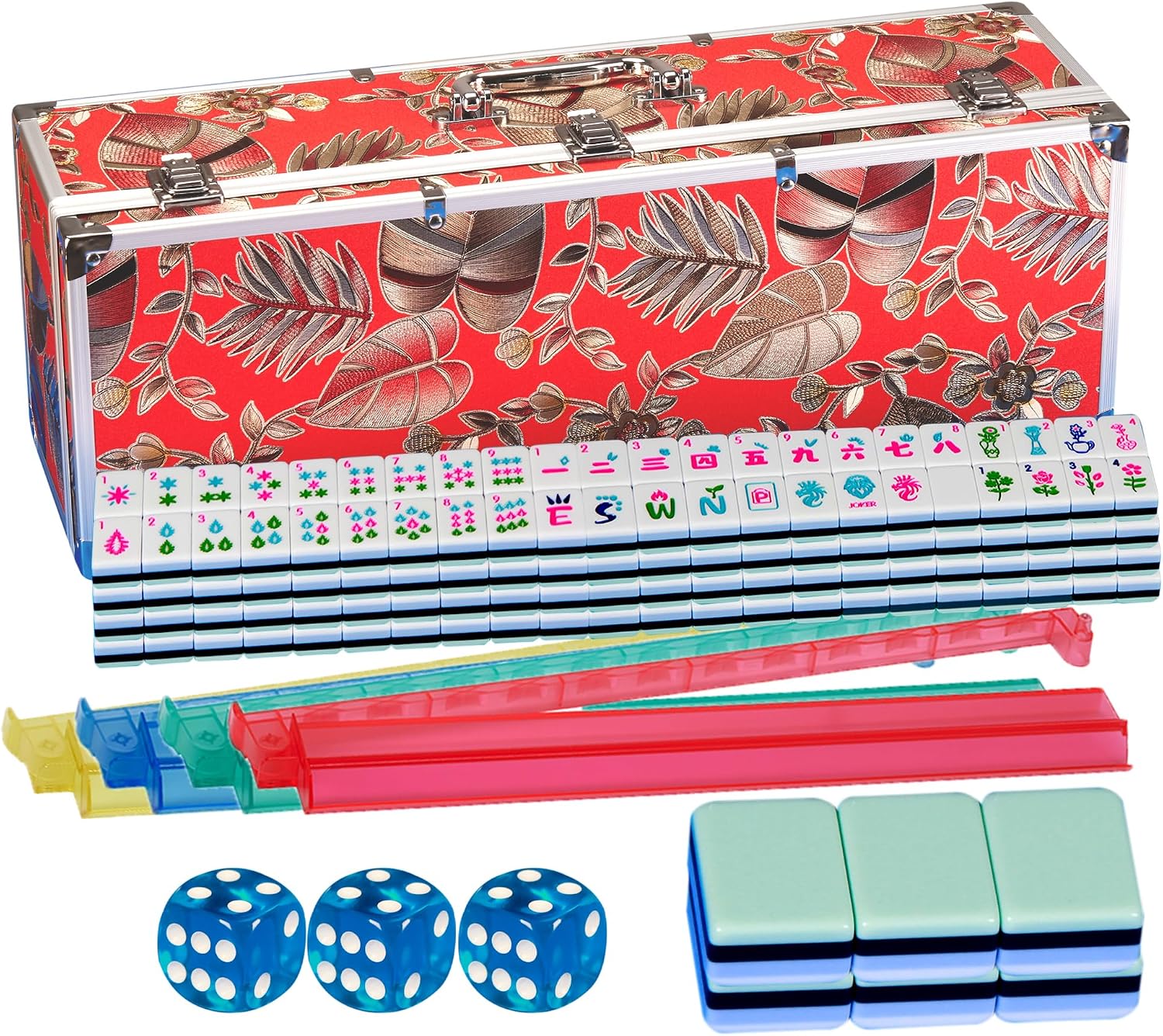 4 Layer Mahjong Tile Set Acrylic American Mahjong Tile Set 1.2-inch 166 Mahjong Set with 4PCS Mahjong Racks with Pushers and Mahjong Card Mahjong Gift Box
