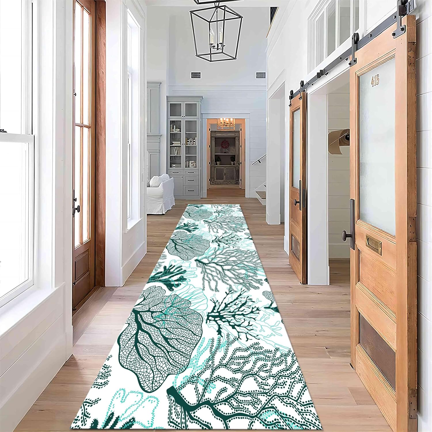 Summer Beach Coral Runner Rug,1.3x7ft,Undersea Life Aquatic Grass Entrance Rugs,Washable Large Bathroom Rug Coastal Runner Rugs for Shower Tub Hallway Kitchen Decor