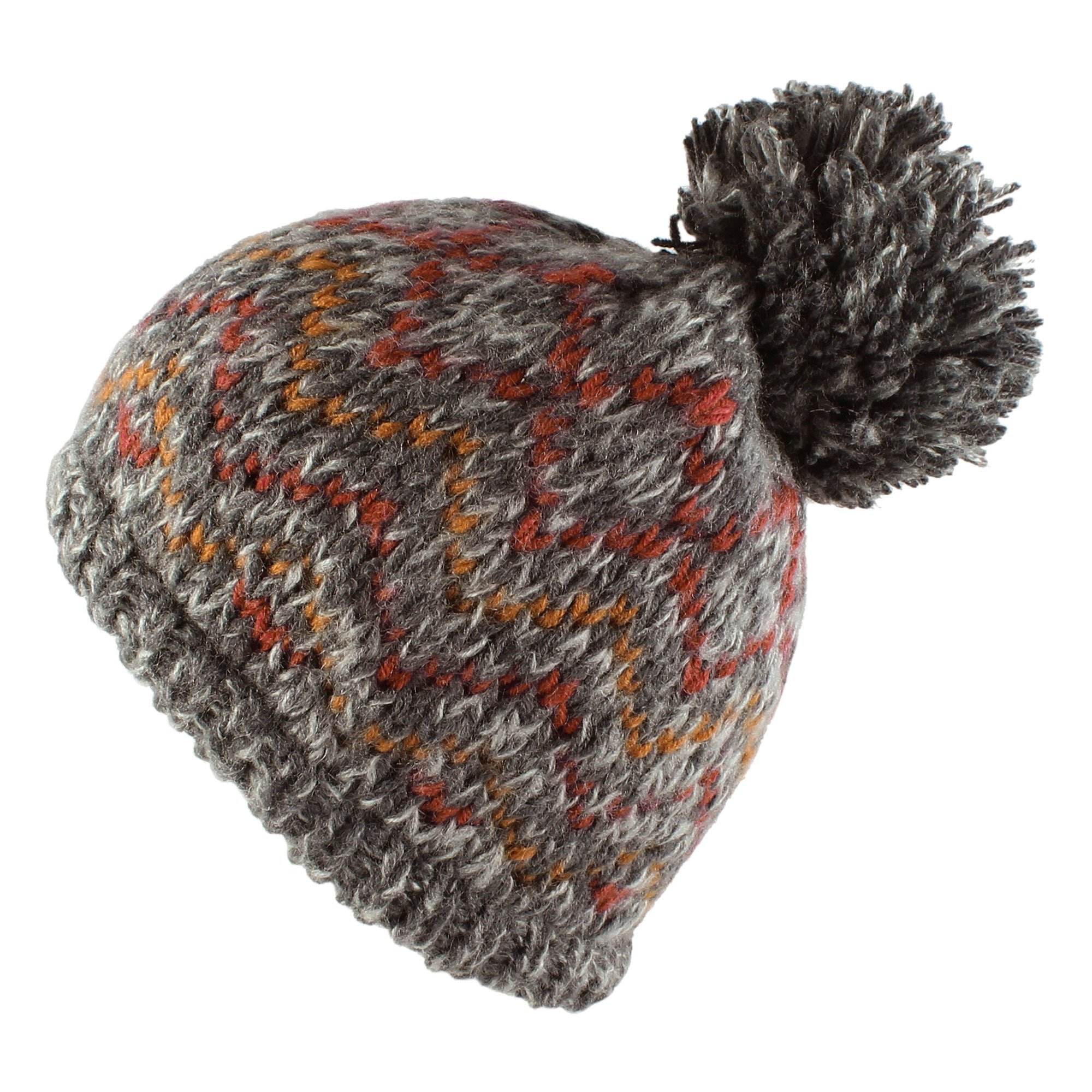 Morehats Bohemian Pattern Knit Pom Pom Handmade Beanie Winter Ski Warm Hat - Grey