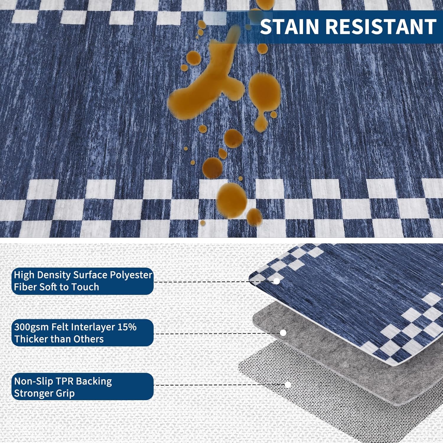 GarveeHome Washable Rug 5x7 for Living Room Large Bedroom Scalloped Rug Non Slip Stain Resistant Modern Border Throw Carpet Soft Boho Rug for Dining Room Nursery Home Office, Blue - Image 3