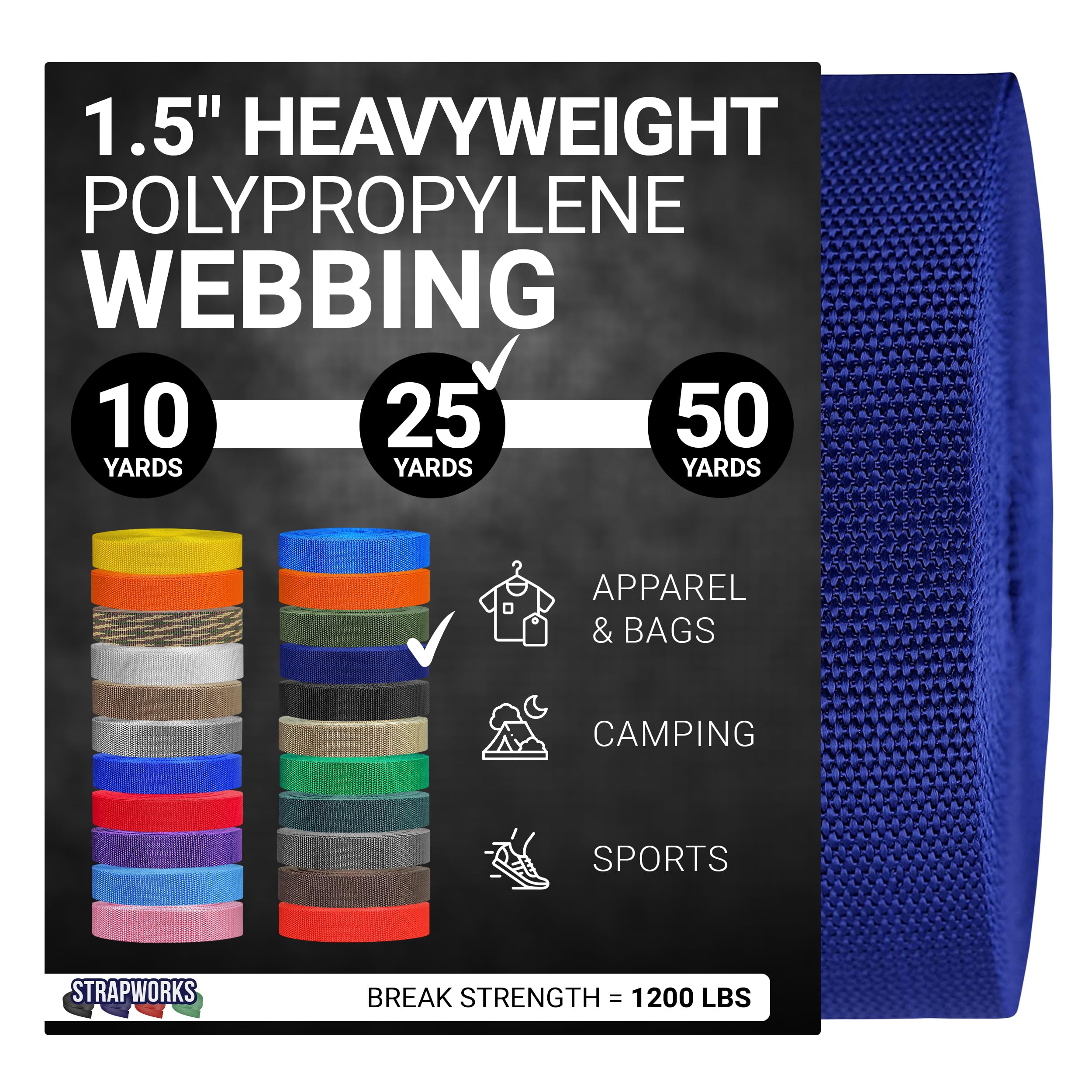 Strapworks Heavyweight Polypropylene Webbing - Heavy Duty Poly Strapping for Outdoor DIY Gear Repair, 1.5 Inches