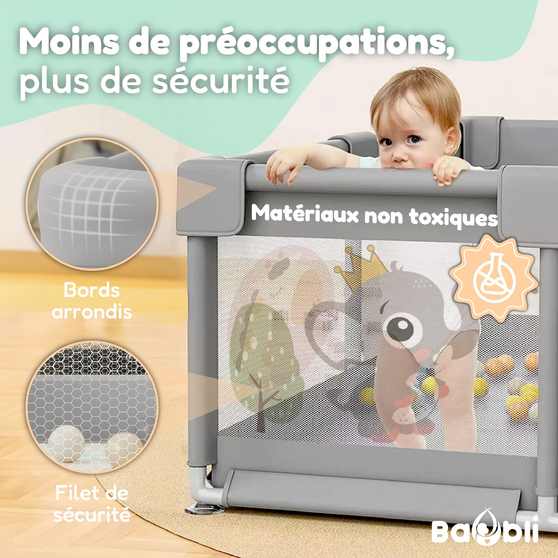 Parc pour bébé 180 x 200 cm + tapis + 60 balles + poignées + sacs de transport – Parc de jeux pour bébé avec maille respirante – Playpen Bebe
