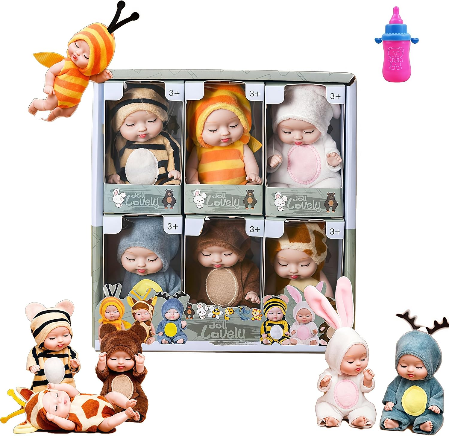 Miniature 3.5 "Recycled Baby Doll, Washable PVC Materialwith, Clothes and hat Toys, 6 pc Baby Doll and 1pc Toy Bottles