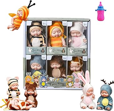 Miniature 3.5 "Recycled Baby Doll, Washable PVC Materialwith, Clothes and hat Toys, 6 pc Baby Doll and 1pc Toy Bottles