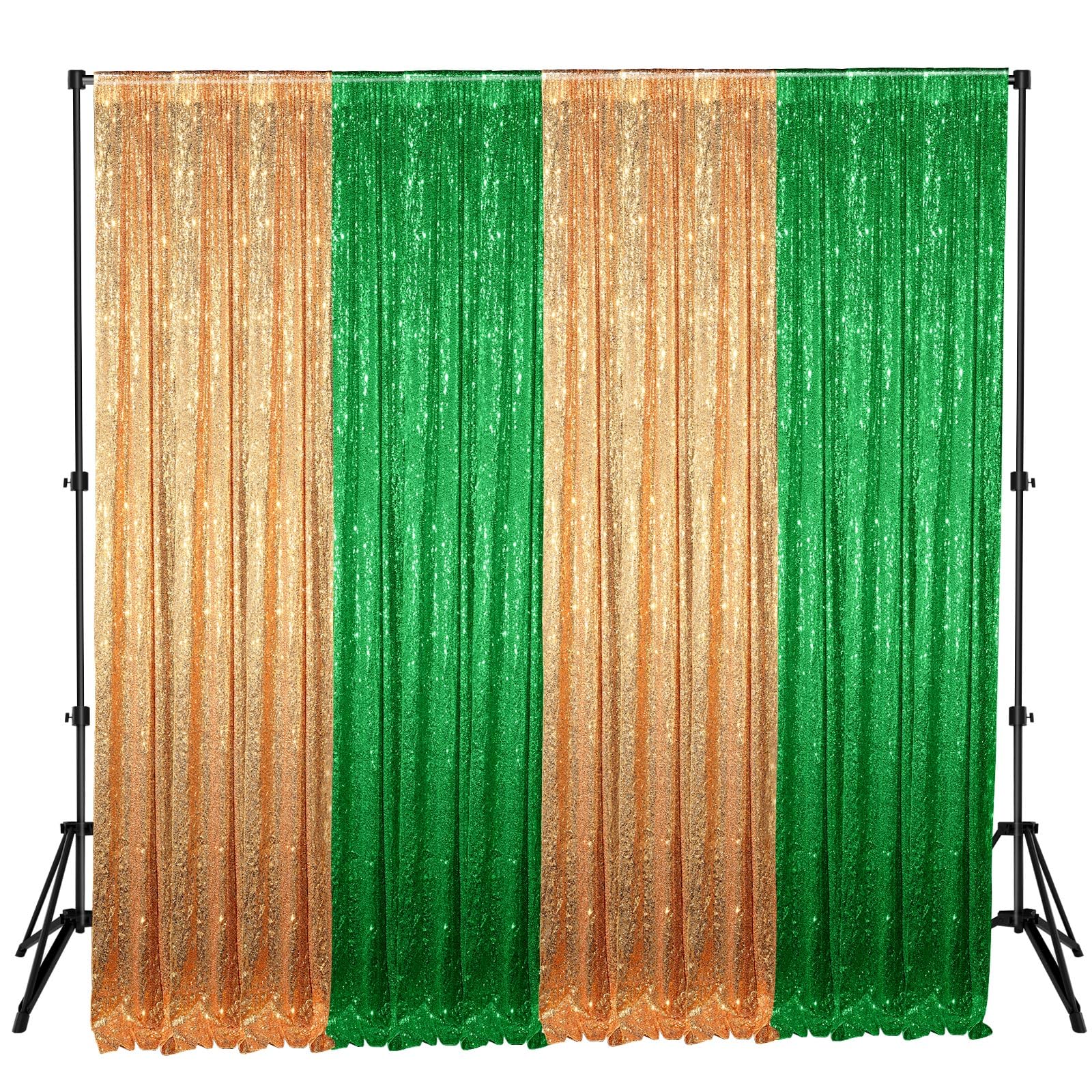 4 Panels 2 x 8 ft Green and Gold Sequin Backdrop Curtain Glitter Backdrop Curtain for Congrats Grad Graduation Party Decorations Birthday Wedding