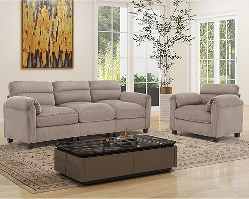 Miniatura 49 de Juego de sofá de pana, otomana tapizada, sofá de dos plazas y sofá de 3 plazas con cojines mullidos y brazos redondeados, juegos de muebles modernos