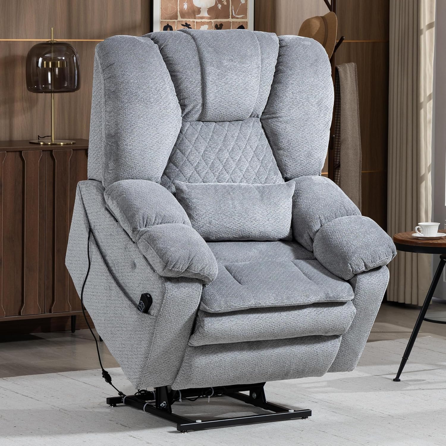 Big Man Oversized Power Lift Recliner Chair with Airbag Massage/Heat, 400LBS Dual Motor Extra Wide Large Recliner with Flip Arm Storage, Cup Holders,USB Type C Charging (Grey+Velvet)