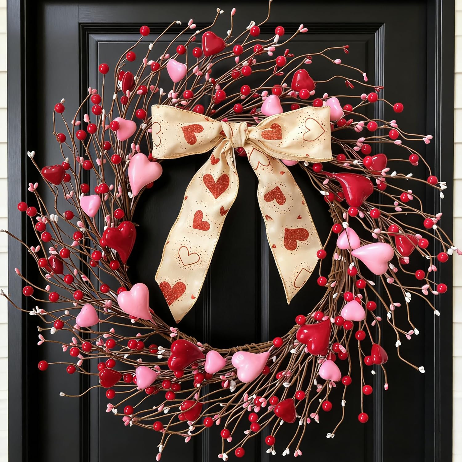 22-inch Valentine's Day Wreath, Red Pink Heart-Shaped Berry Bow Wreath for Front Door Valentine's Day Doorway Corridor Wall Fireplace Decoration Party Wedding Office Decor