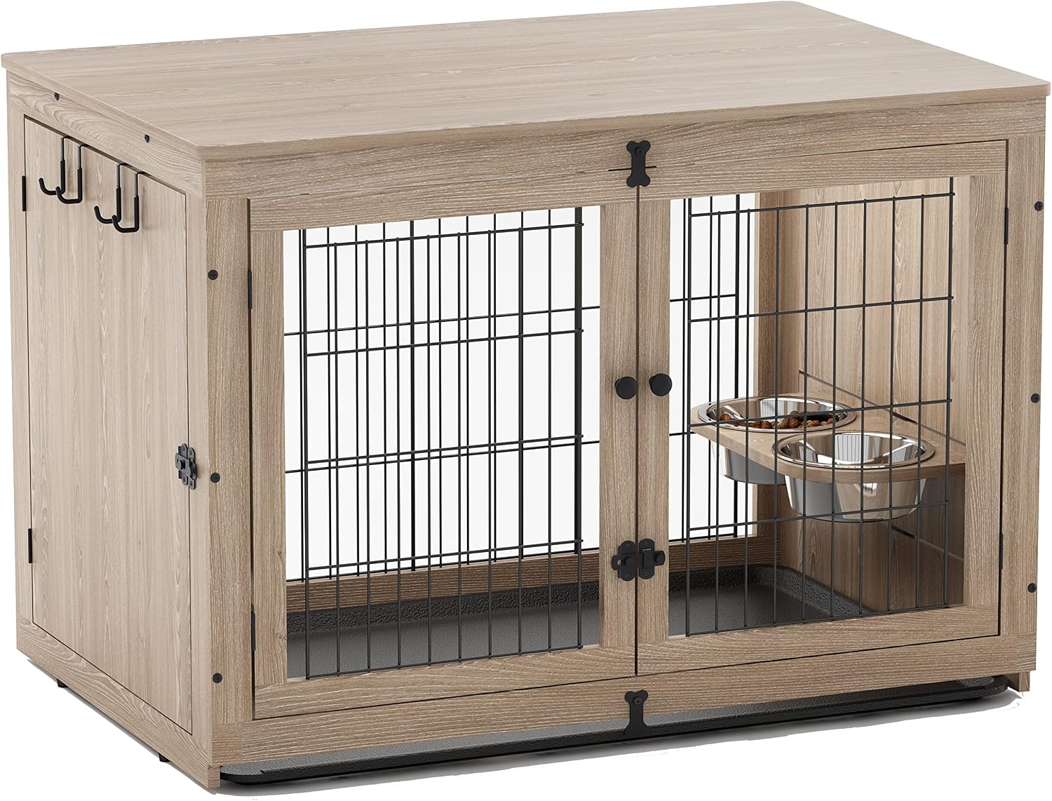 Piskyet Wooden Dog Crate Furniture with 360° Rotatable Removable Dog Bowls, Large Dog Crate End Table with Tray, Double Doors Dog…