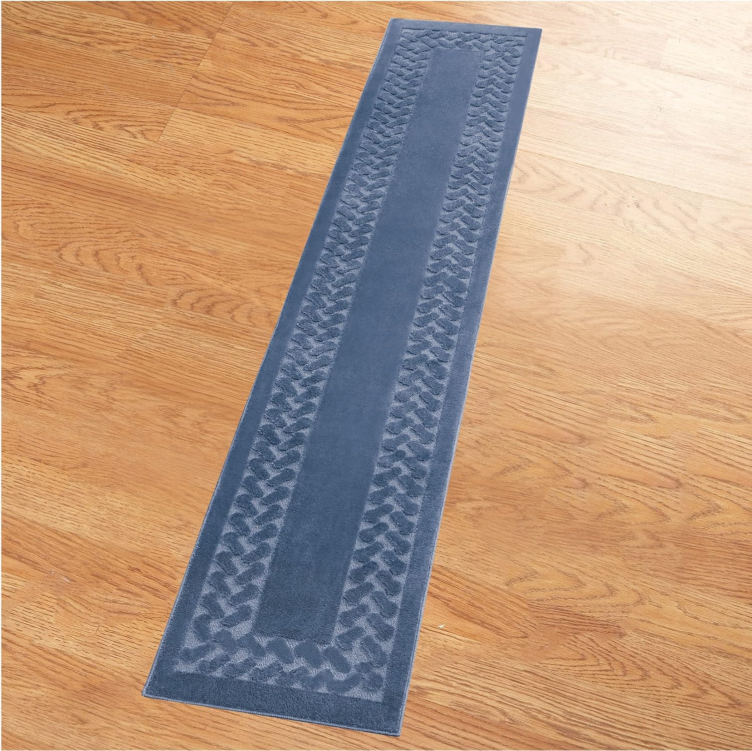 Collections Etc Herringbone Carpeted Runner Rug, Solid-Colored with Plush Decorative Trim Accents and Skid-Resistant Backing for Long Hallway, Blue, 22" X 90"