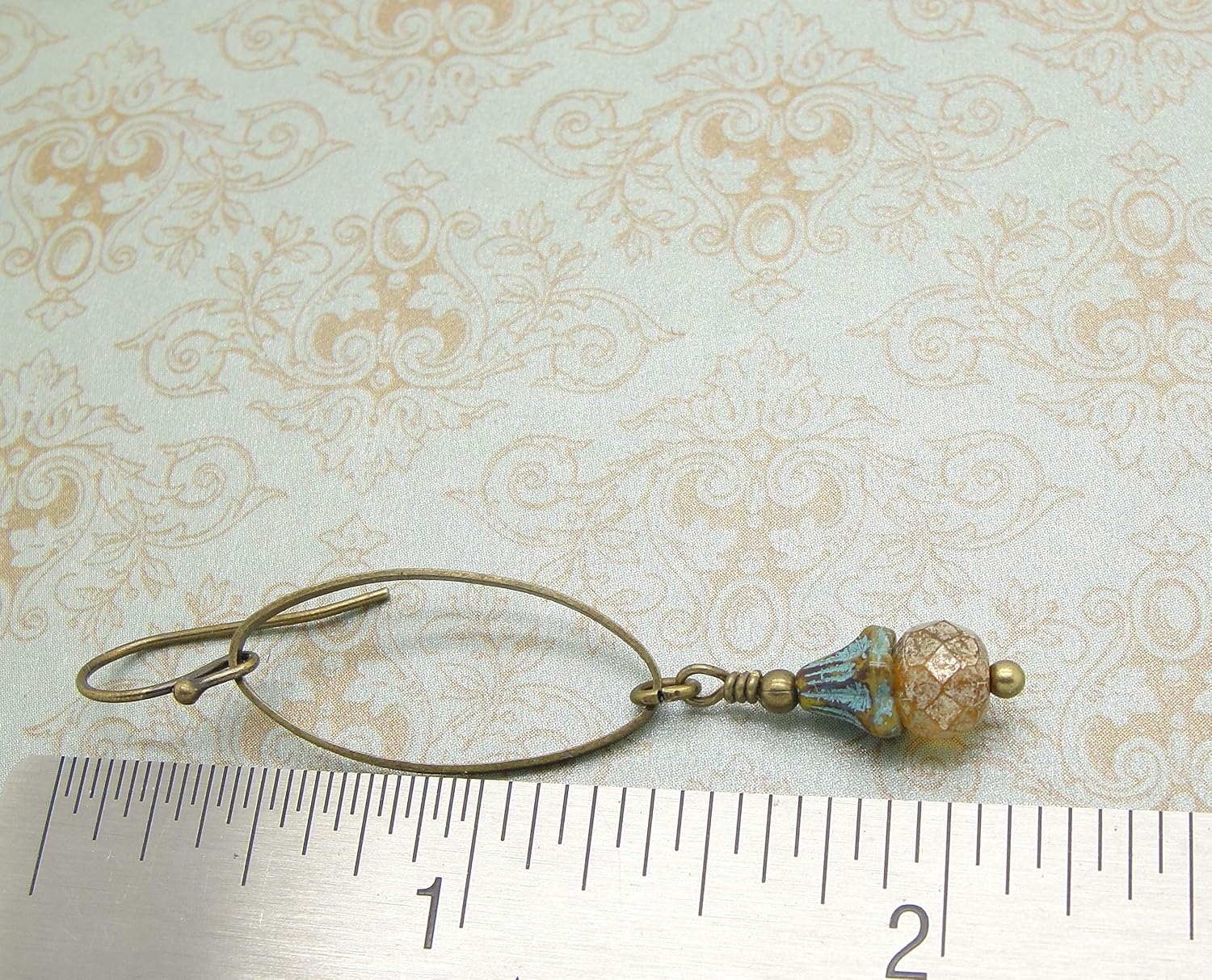 Handmade Long Oval Hoop Flower Dangle Earrings in Antiqued Brass