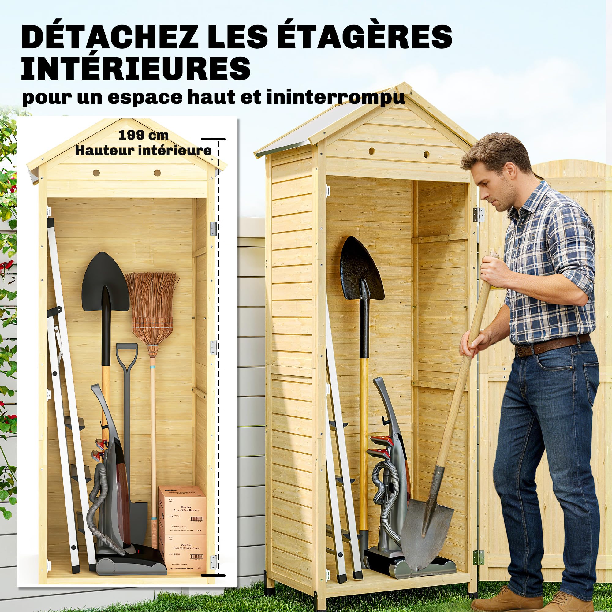 Outsunny Armoire de Jardin en Bois 213cm de Haut pour Terrasse Bois Naturel | Abri de Jardin, Toit en Métal Galvanisé, Remise à Outils à Long Manche, Texture Gaufrée, Étagères Réglables
