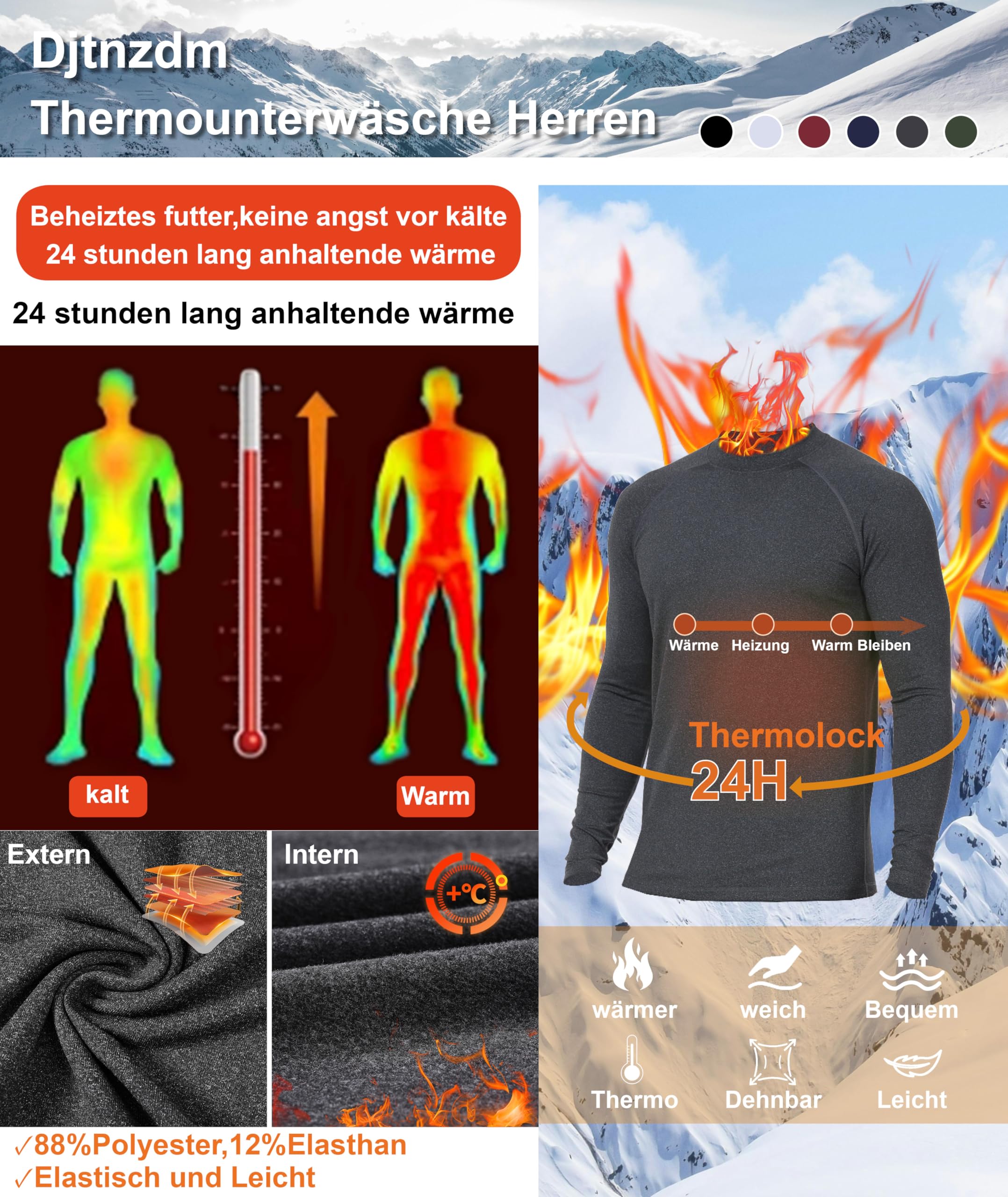 Djtnzdm Maglia Termiche da Uomo Invernale Sportivo Maglietta Intima Termica Biancheria Intima Termica in Pile Compressione Funzionale Ciclismo Fitness Sci Termica Maniche Lunghe