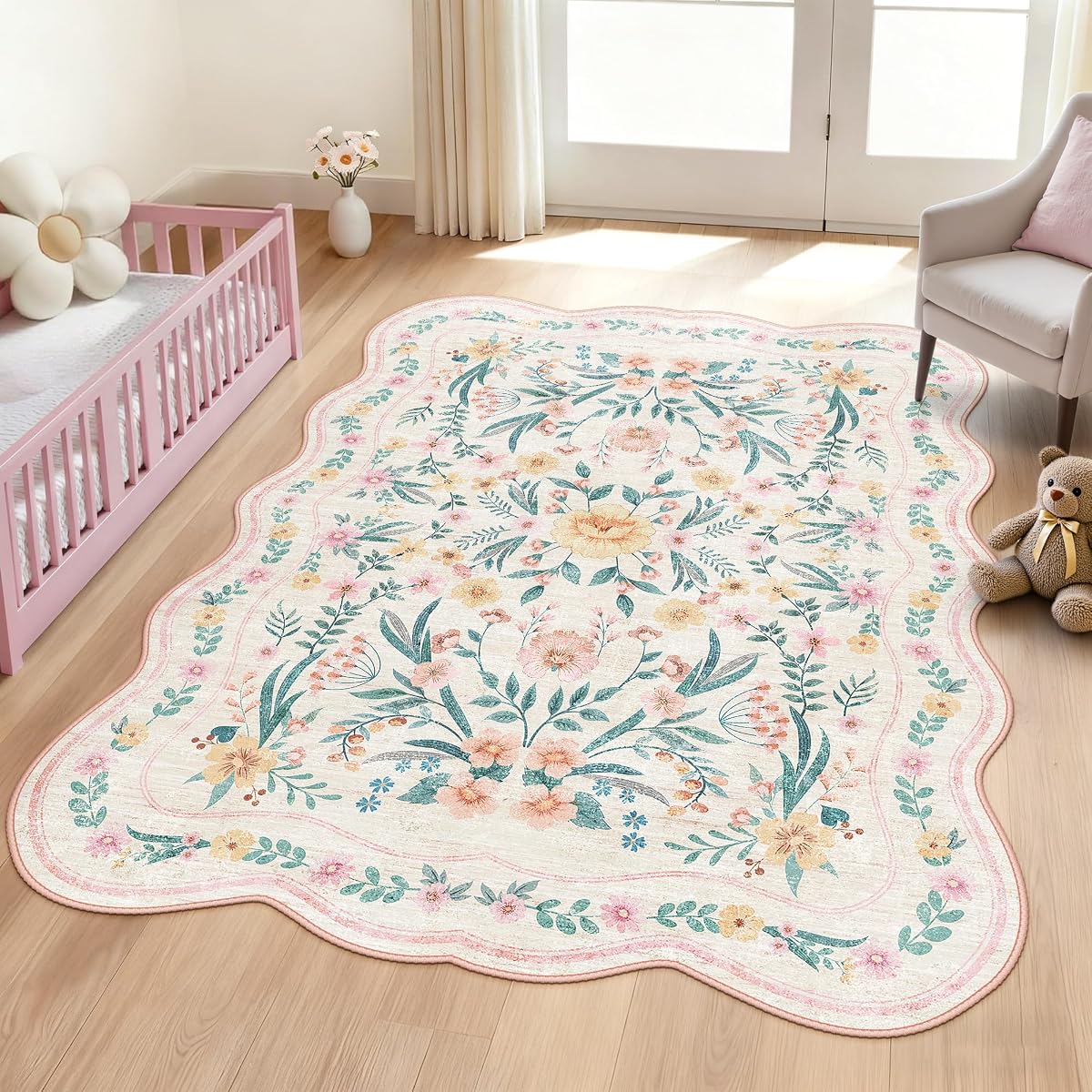 Alfombra floral rosa 5X7 para dormitorio o guardería de niñas, alfombra de área antideslizante lavable festoneada, linda alfombra boho suave para habitación de niños, dormitorio o sala de juegos
