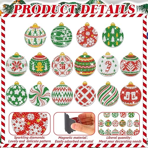 Miniatura 6 de Umigy 16 imanes de pintura de diamantes de Navidad para refrigerador, bola de Navidad, imanes de arte de diamantes, kits de pintura de diamantes de