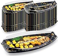 Vista 1 de POPMISOLER 100 botes de sushi desechables, caja desechable de alta calidad para barco de sushi con tapa, bandeja para servir, recipiente