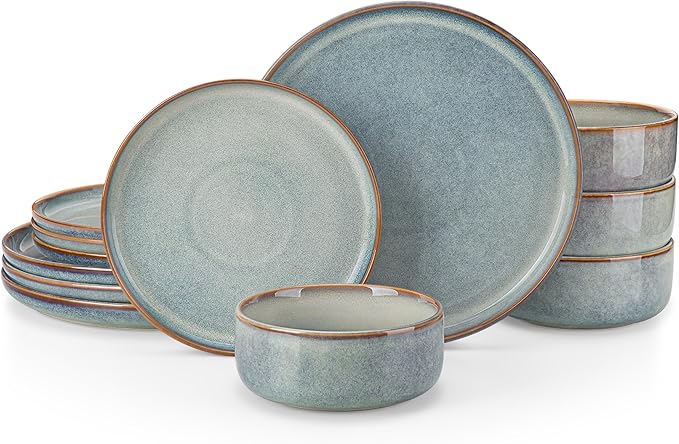 vancasso PLAYA Plates and Bowls Sets, 12 Pieces Light-Blue Dinnerware Sets for Kitchen
