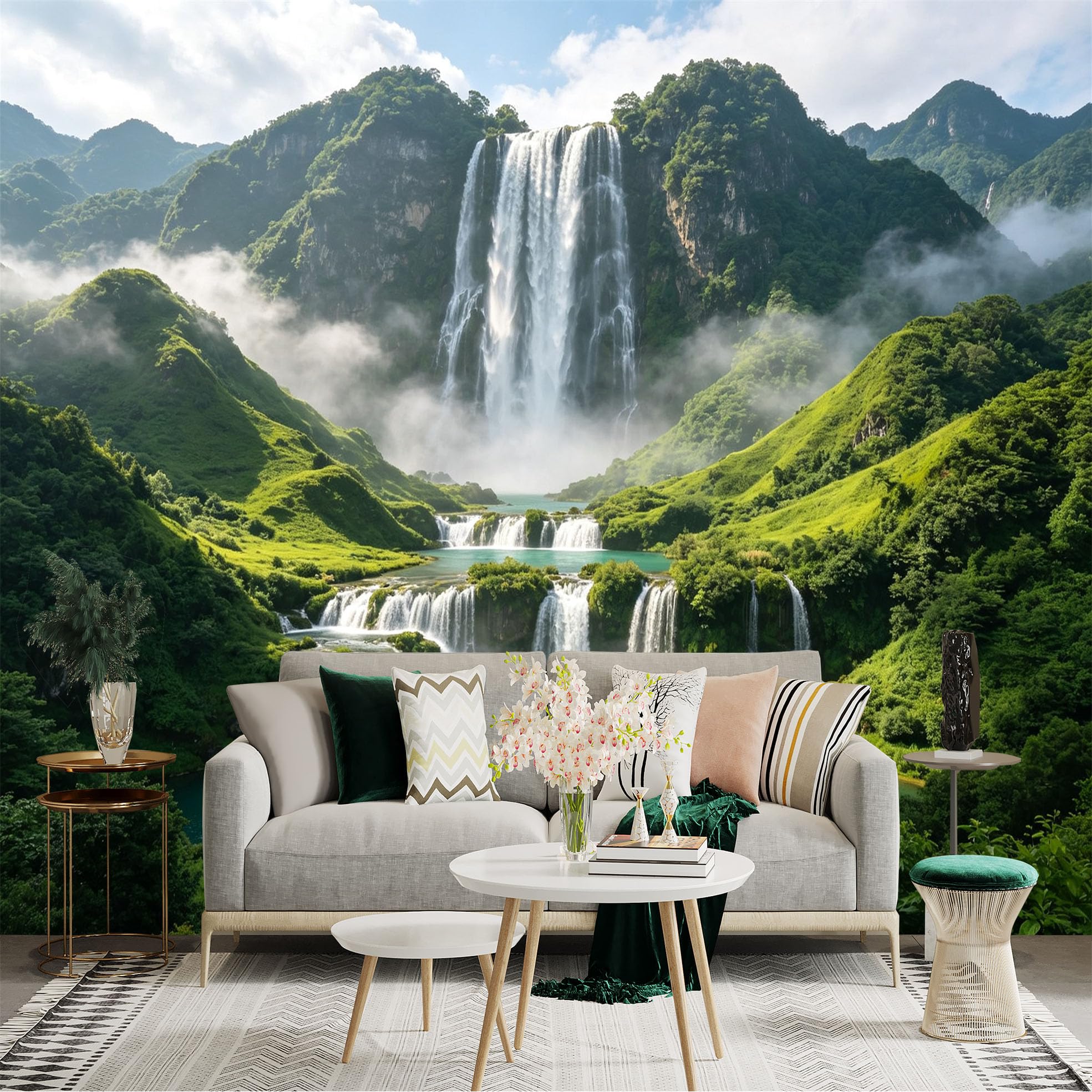 Custom Size Wall Sticker Mural， Majestic Waterfall in Lush Green Mountains， Tropical Cascading River Landscape， for wall Decoration， peelandstick wall Decals.