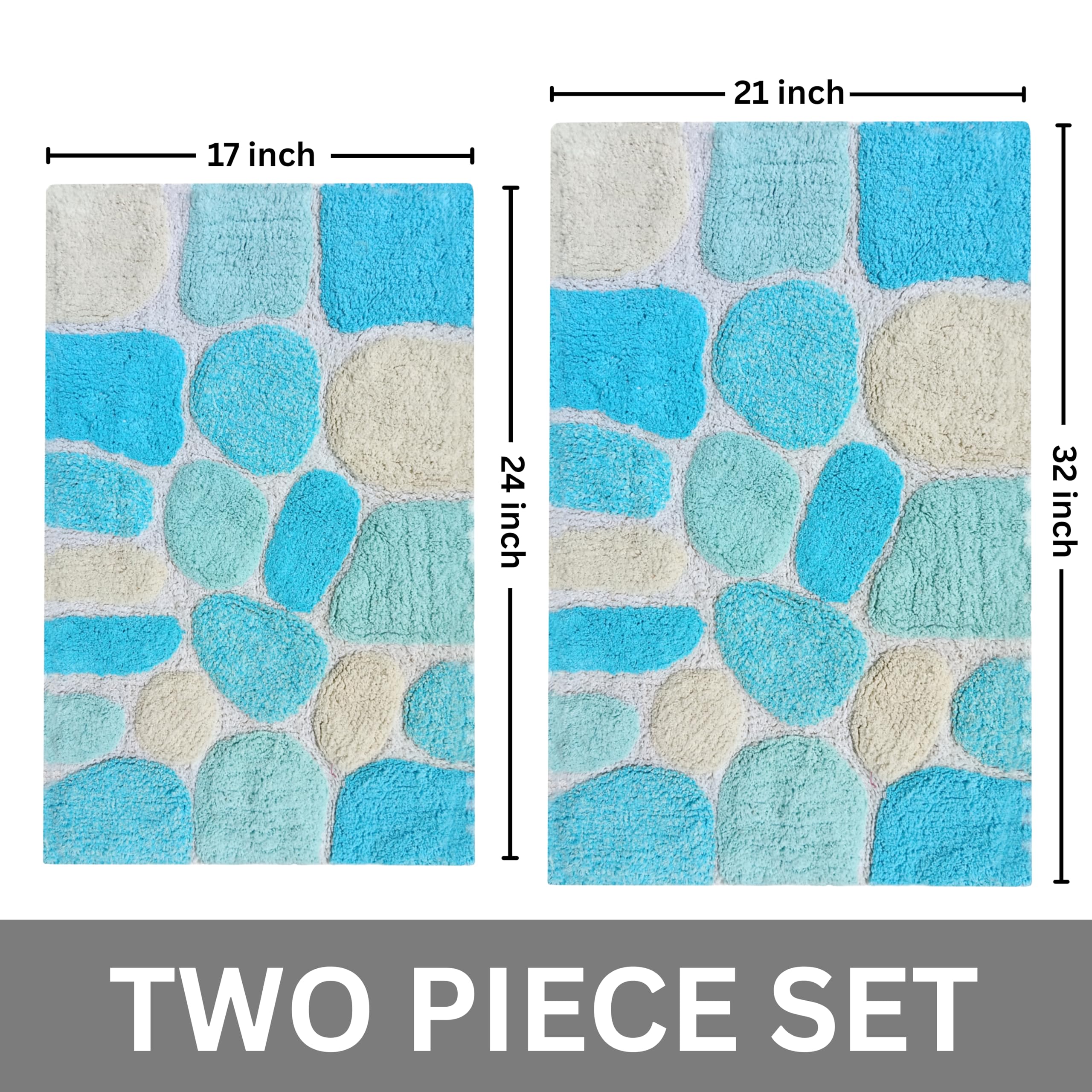 Juego de 2 alfombras de baño de algodón 100 % puro, 21 x 32/17 x 24 pulgadas, suaves, absorbentes, lavables a máquina, color turquesa, alfombras para sala de estar, alfombras de baño para niños,