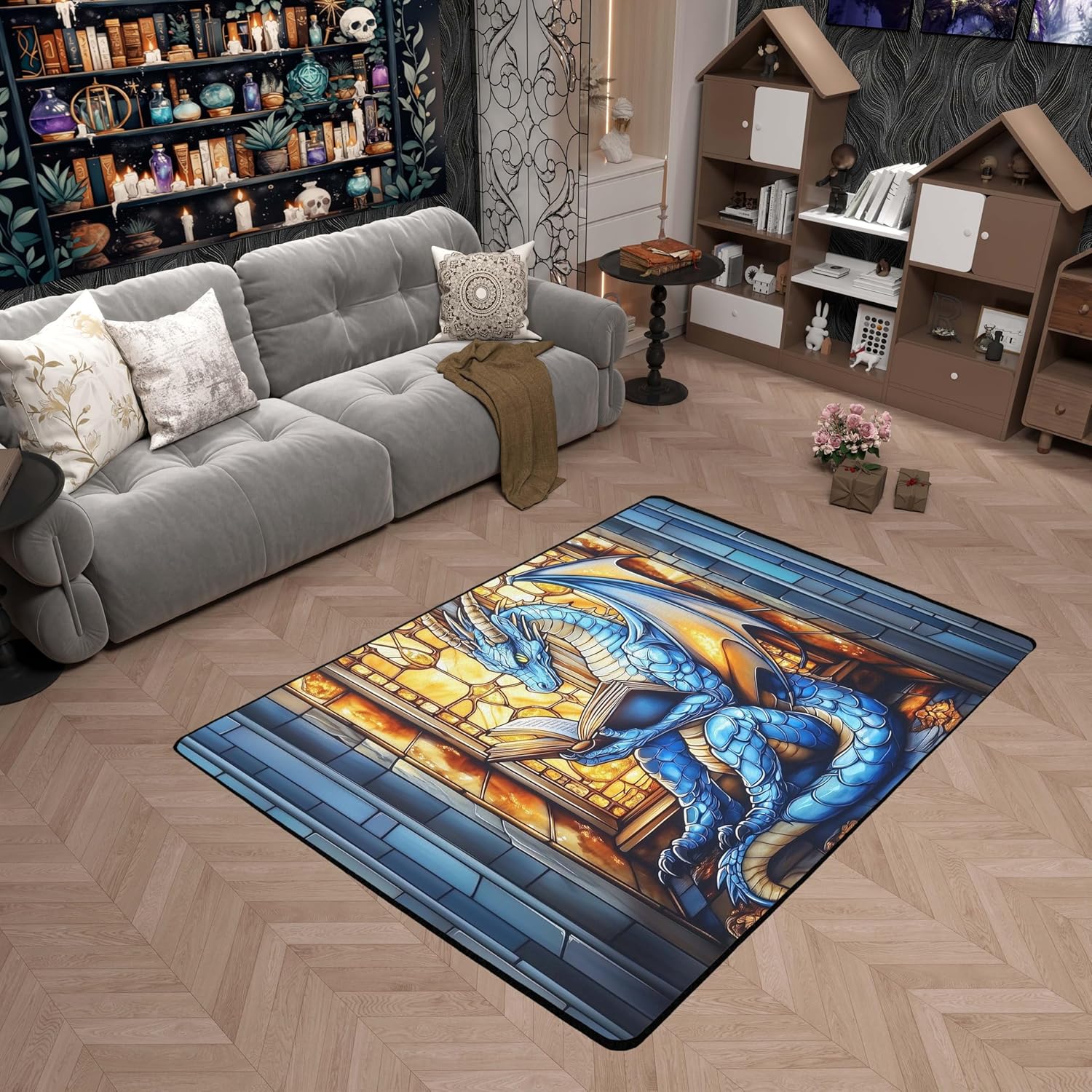 Western Dragon Kids Area Rug,Blue Dragon Reading Book Bookshelf Indoor Floor Mat Entrance Rug for Boys Girls,Geometric Patchwork Abstract Non Slip Rug,Trippy Chic Couch Living Room Decor,3'x5'