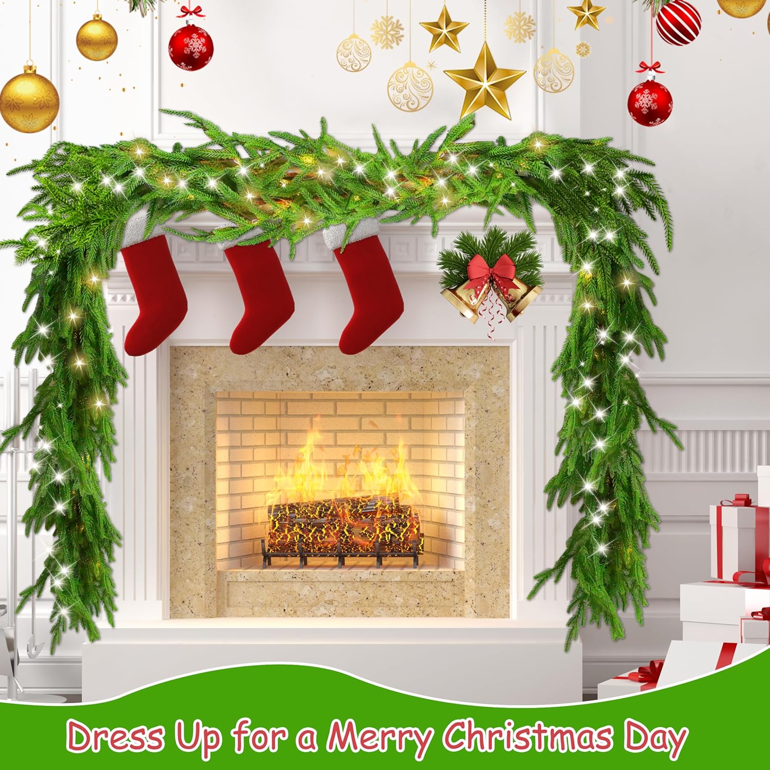 6 ft christmas norfolk pine garland with 100 led lights, dense norfolk pine real touch garland, artificial greenery garlands for christmas holiday mantle fireplace table home decor xmas