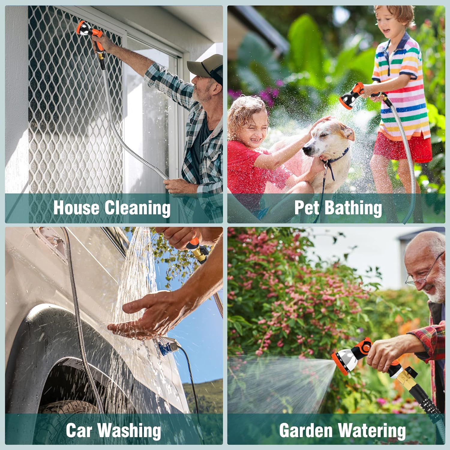 Four panels showing different uses of the Yofidra garden hose: house cleaning, pet bathing, car washing, and garden watering.