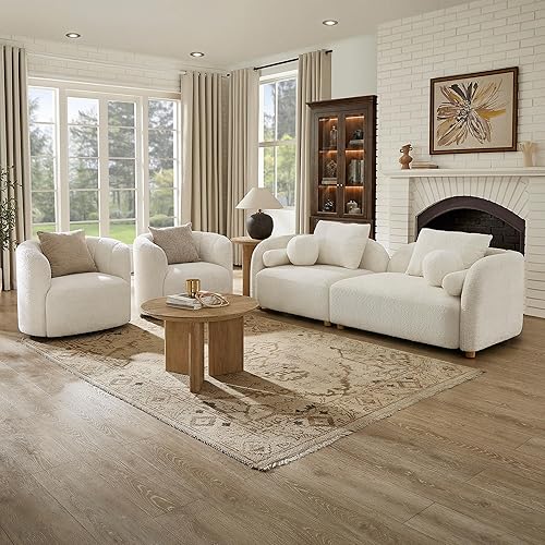 Miniatura 15 de Moderno sofá curvado Sherpa Boucle de 3 plazas, cómodo sofá nube con patas de madera y almohadas, sofás minimalistas para sala de estar,