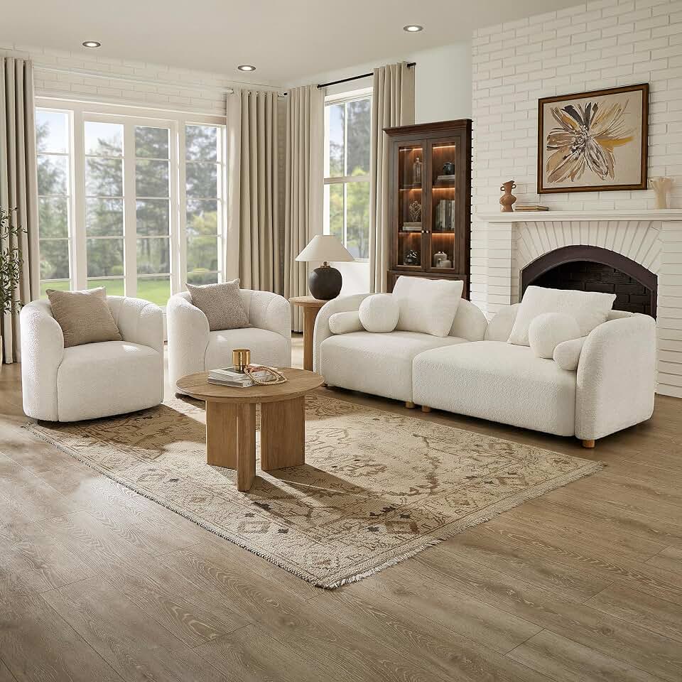 3 Piece Modern Couch Set, Curved Sofa & 2 Swivel Accent Chair,Cream