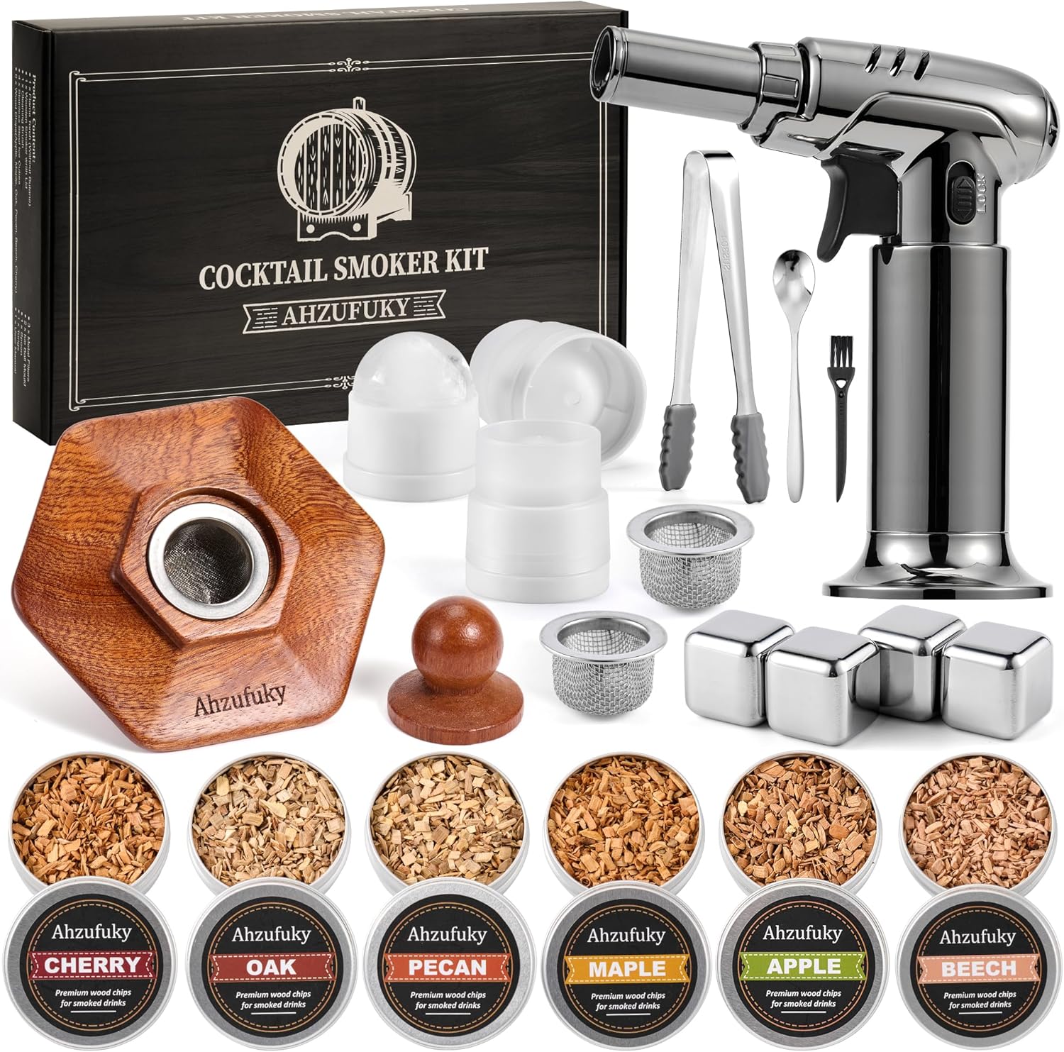 Gift for Whiskey Lovers - Ahzufuky Whiskey Smoker Kit, Complete Home Bar Set with Torch & 6 Wood Chips, Fun & Easy Old Fashioned Cocktail Smoker, Birthday Gift for Men Husband, Dad, Bourbon Enthusiast