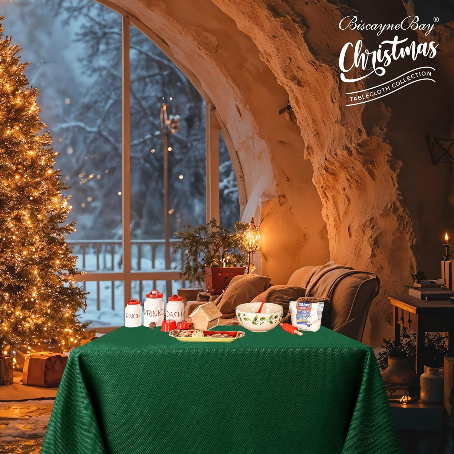 Biscaynebay Textured Fabric Christmas Square Table Cloth 60x60 Inch, Hunter Green Water Resistant Spill Proof Tablecloths for Dining, Kitchen, Wedding and Parties etc. Machine Washable - Image 7