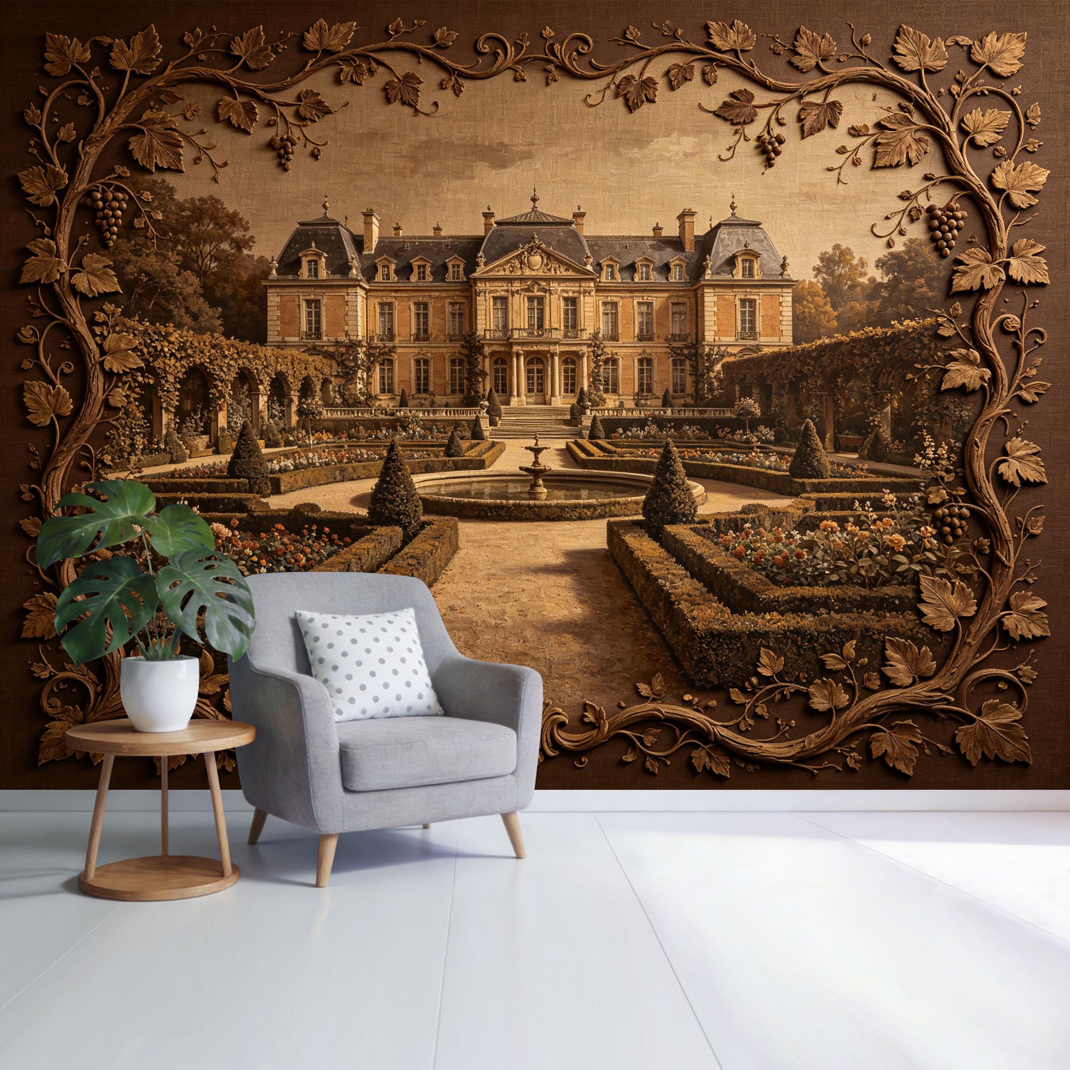 Custom Size Wall Mural Vintage Chateau Garden Architecture Ornate Botanical Frame Textured Sepia Tone SelfAdhesive Wall Fabric Removable Wallpaper for Home Office Decor
