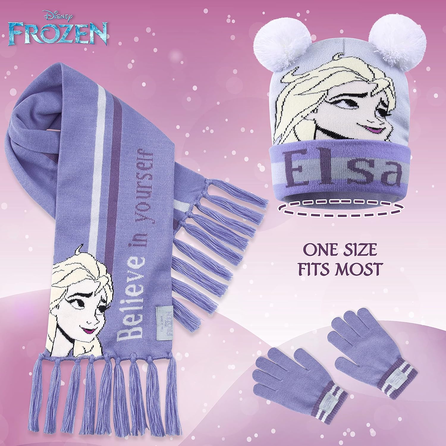 Disney Frozen 3 Pc Beanie Hat Scarf and Gloves Set for Girls Ages 3–10, Warm Knit Winter Accessories Elsa, Gifts for Girls