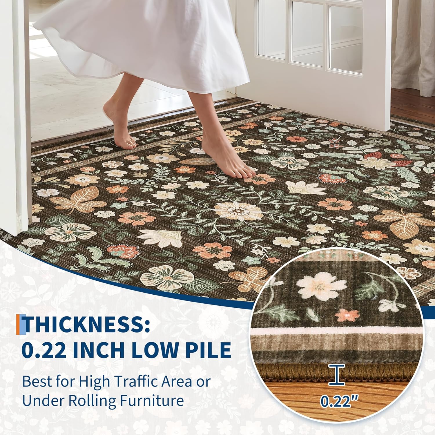 GarveeHome 2x6 Runner Rug for Hallway Washable Kitchen Rugs Non Slip Backing Floral Runner Rugs Indoor Soft Stain Resistant Low Pile for Bedroom Entryway Laundry Brown