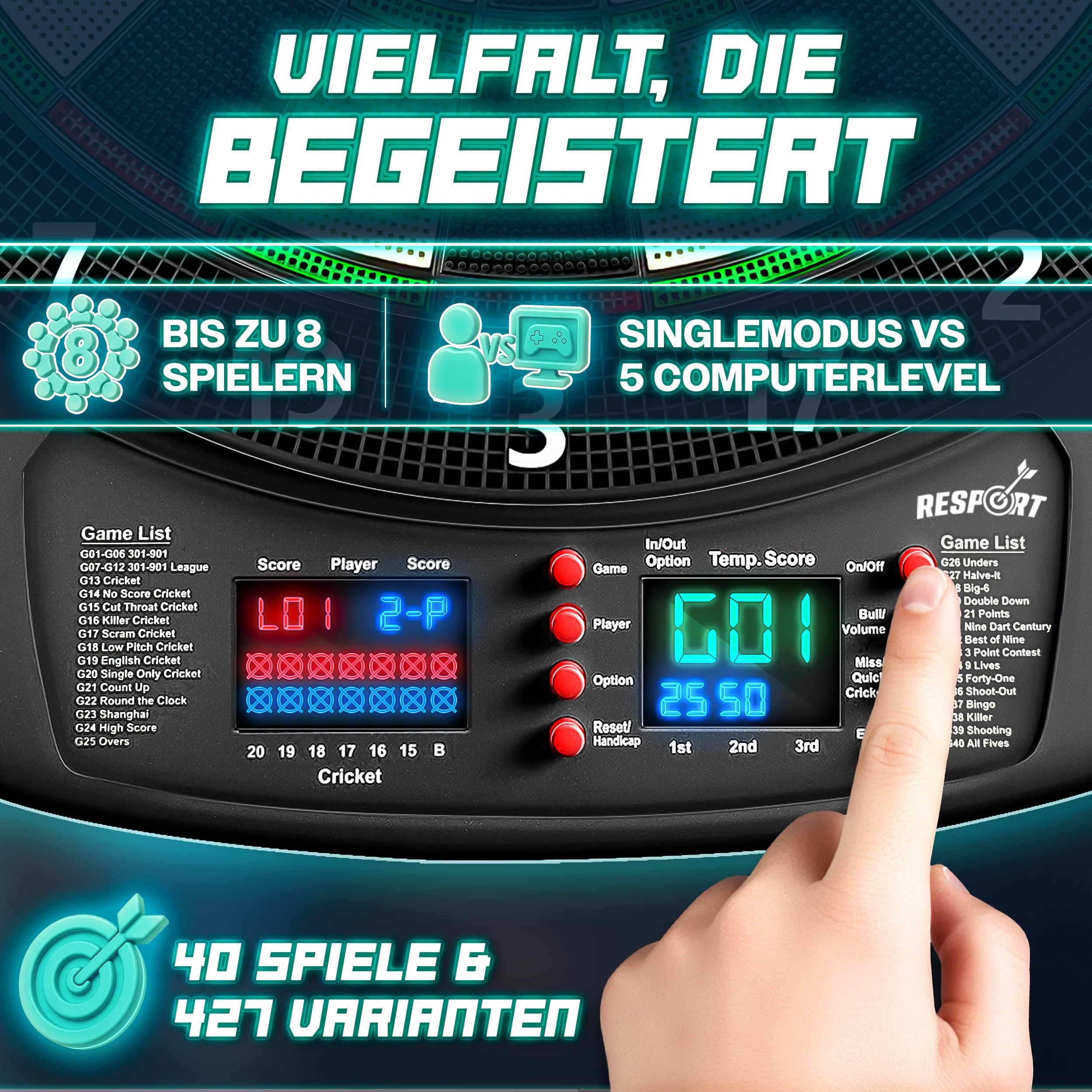 RE:SPORT® Dartscheibe Elektronisch Profi Set mit 12 Pfeilen + 24 Pro Flights + 100 Pfeilspitzen & Zubehör | E Dartautomat für 1–8 Spieler mit 427 Varianten | Elektrisches Dartboard mit LED Anzeige