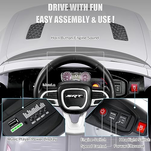 Miniatura 3 de ENYOPRO Auto eléctrico de 12 V y 7 Ah para niños, Dodge Charger SRT Hellcat, vehículo eléctrico de juguete de 4 ruedas alimentado por batería para