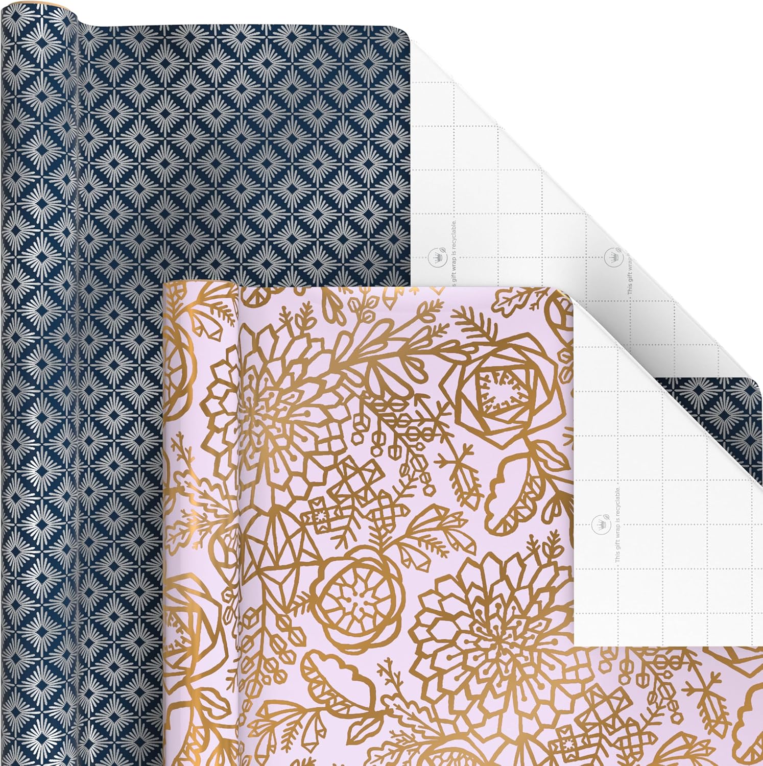 Hallmark Wrapping Paper with Cutlines on Reverse (6 Rolls: 180 Sq. Ft. Total) White and Silver Stripes, Mint Green, Gold Hearts and Flowers for Valentine's Day, Weddings, Bridal Showers, Birthdays