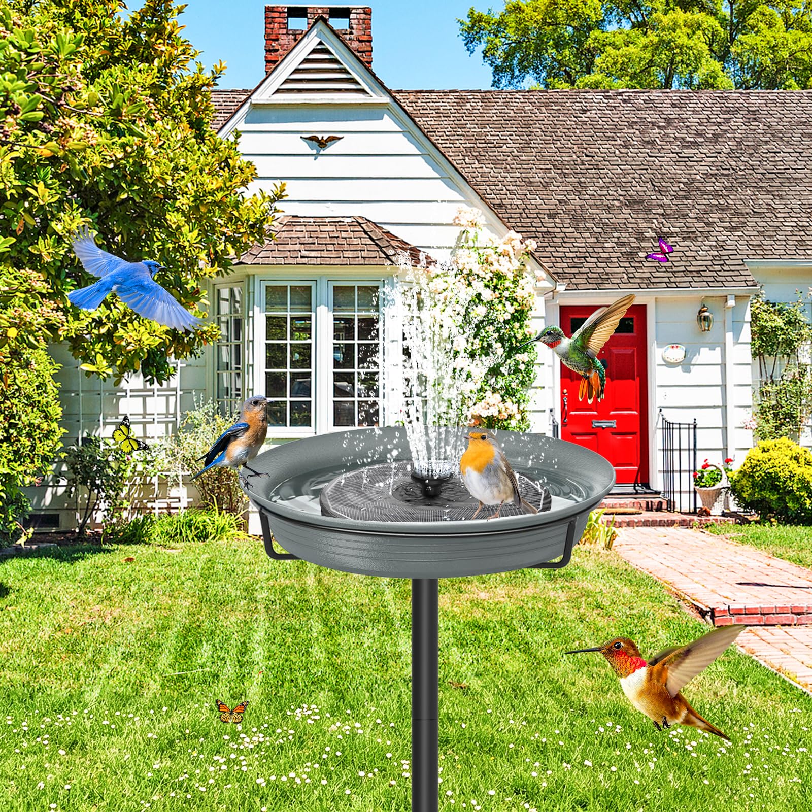 Bebedero de exterior para pájaros, cuenco de 71 cm, con estaca de metal, decoración desmontable, para jardín, terraza, patio, césped, base de 4 pies en punta (gris)